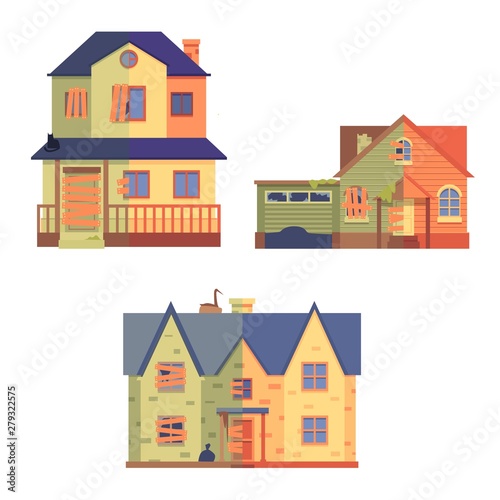 Vector set of home renovation in flat cartoon style, before and after.