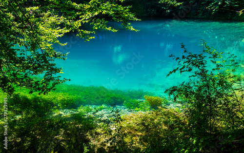 Germany, Tourist destination of blautopf source blue water in blaubeuren forest in swabian jura nature landscape in summer with sun