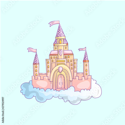 vector cartoon illustration of pink princess magic castle in clouds. pink princess magic castle in blue clouds, with flags and torrets, pastel pink color. Cute cartoon princess castle illustration