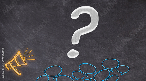 Interrogation point written on blackboard with megaphone and bubbles speech