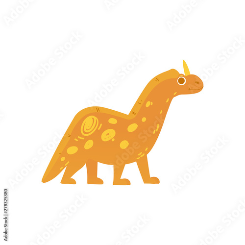 Cute yellow cartoon dinosaur with one horn