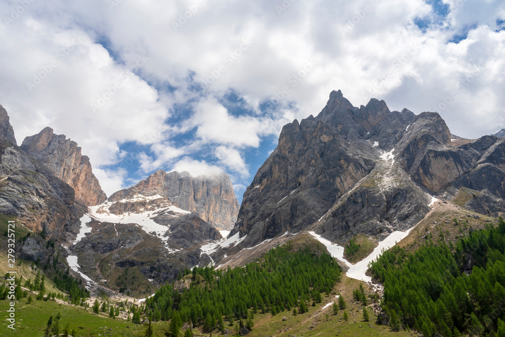 Beautiful summer view of Marmolada massif from Val Rosalia , Dolomites, Italy.