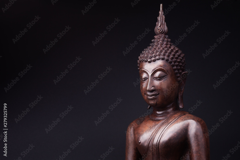 custom made wallpaper toronto digitalStatue of Buddha made of wood on black background.