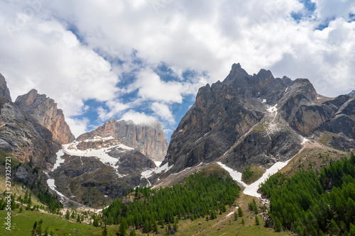 Beautiful summer view of Marmolada massif from Val Rosalia , Dolomites, Italy.