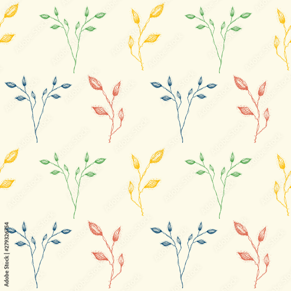 Delicate hand drawn vintage inspired foliage in red, green and blue. Seamless geometric vector pattern on cream background. Great for wellness, beauty,home decor, packaging, fabric, stationery