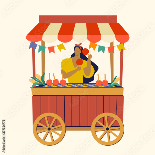 Tent street food cart Festa Junina Brazilian Apple Candy June Party Festival Vector Illustration.