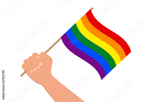 Hand holding and raising rainbow colored lgbt flag vector illustration