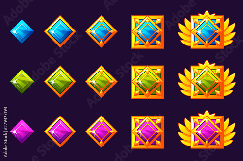 Gems award progress. Golden amulets set with squarejewelry. Vector icons assets for game design on separate layers