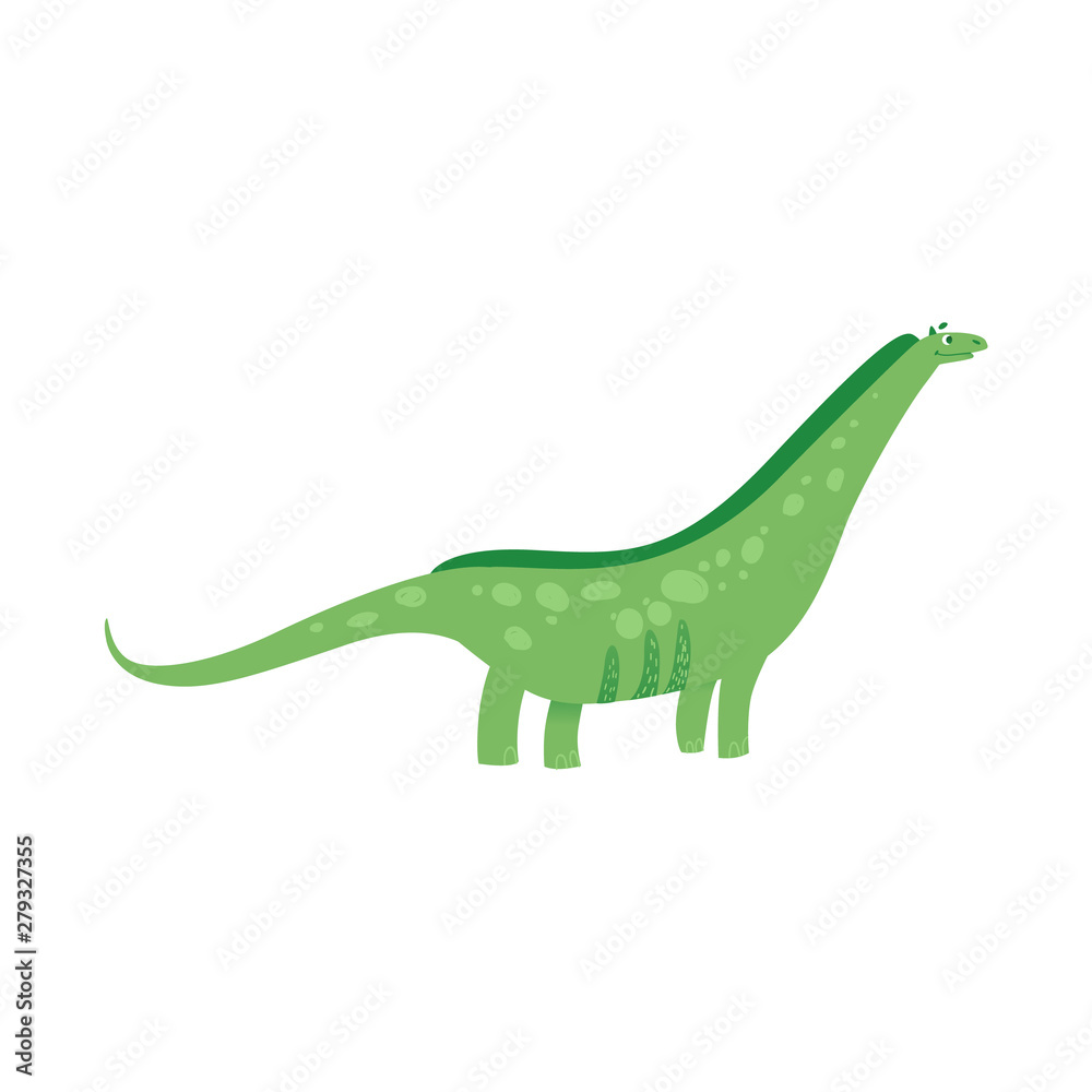 Funny dinosaur long necked cartoon flat illustration isolated on white background. Funny dinosaur long necked cartoon flat illustration isolated on white background.