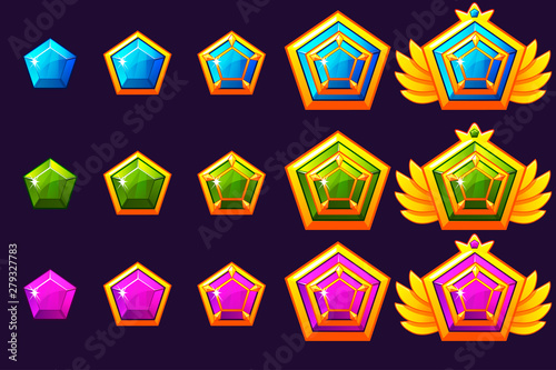 Gems award progress. Golden amulets set jewelry. Vector icons assets for game design on separate layers