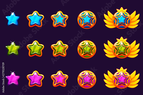Gems award progress. Golden amulets set star jewelry. Vector icons assets for game design on separate layers