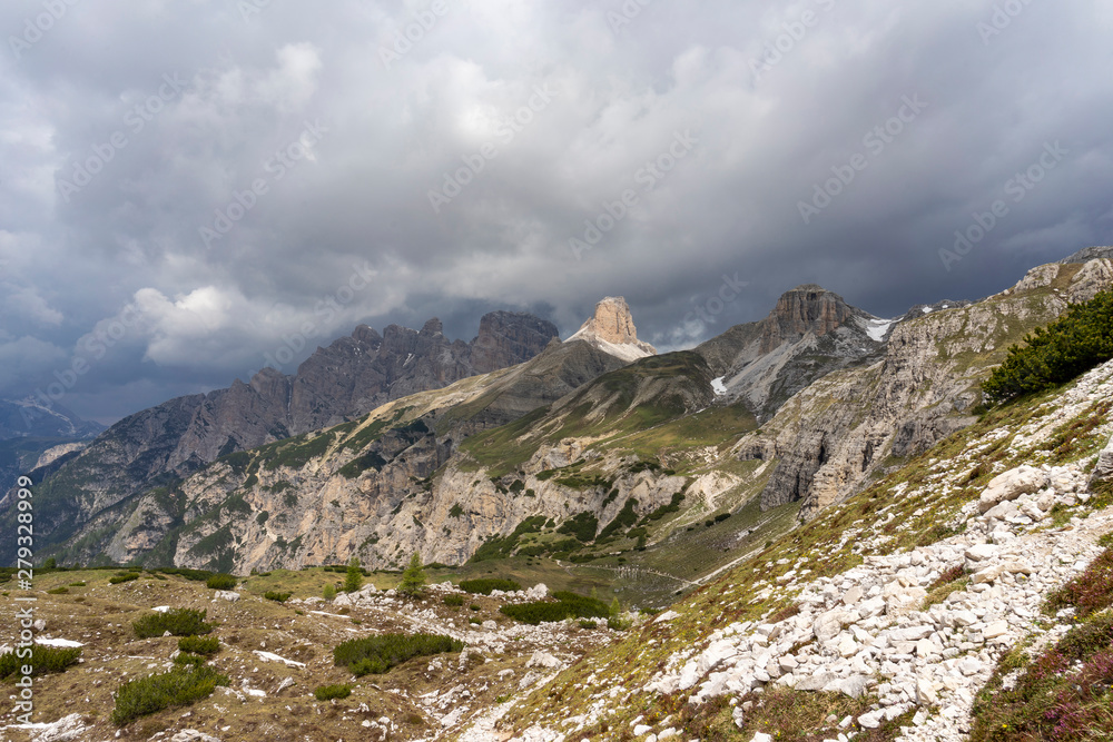 Sky before the storm.  Trail around Tre Cime di Lavaredo. Dolomites. Italy.