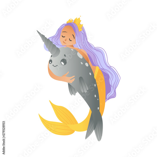 A young mermaid, a girl with purple hair, a crown sits astride a cute narwhal in a cartoon style.