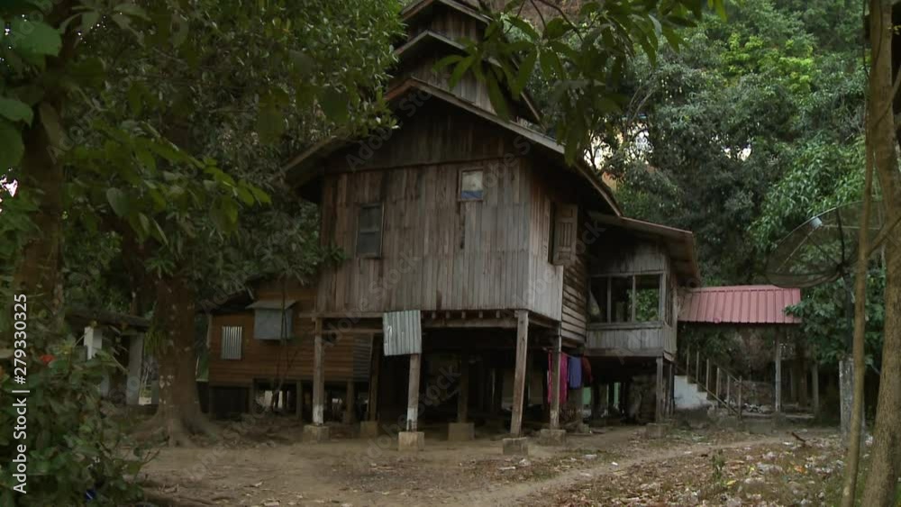 Steady, exterior, medium wide shot of a wooden house in woods. Steady, exterior, medium wide shot of a wooden house in woods.