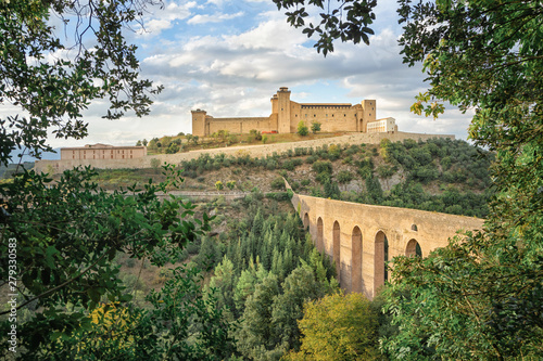 Ponte delle torri medieval bridge and Rocca Albornoziana hilltop fortress in Spoleto, Province of Perugia, Italy photo