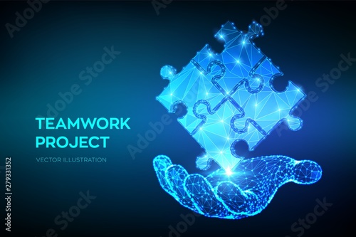 Teamwork. Puzzle elements in hand. Team metaphor. Symbol of teamwork, cooperation, partnership, association and connection. Polygonal puzzle pieces. Business concept of connecting. Vector Illustration