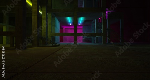Abstract architectural concrete and black interior of a minimalist house with color gradient neon lighting. 3D illustration and rendering.