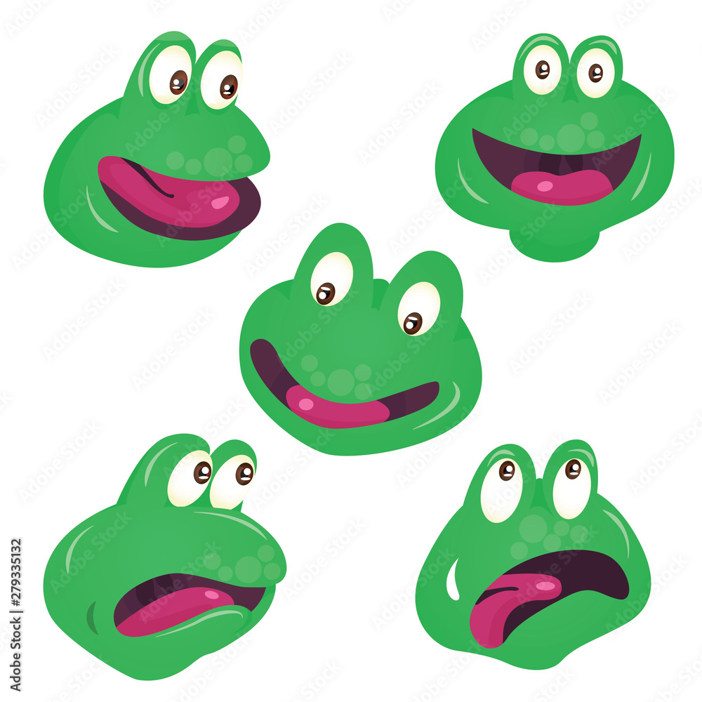 Fototapeta premium Vector set of cute green smilling frog faces isolated on white background