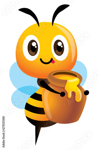 Cartoon cute bee holds a big honey pot. Fresh organic honey - Vector illustration isolated