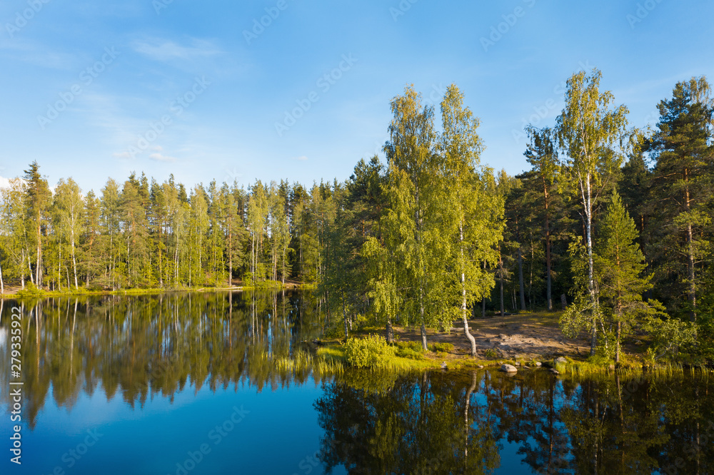Obraz premium The shore of the lake in sunny summer weather in the water reflection of trees.
