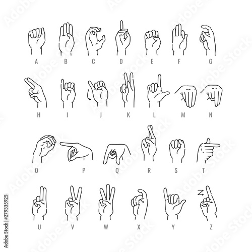 Deaf english alphabet in line art isolated on white background.