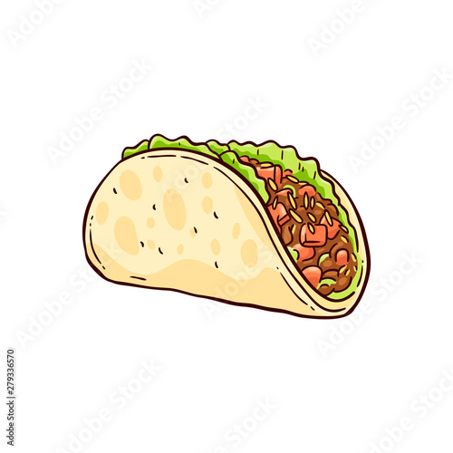 Hand drawn tacos, traditional Mexican food in a tortilla with cheese, meat and vegetables.