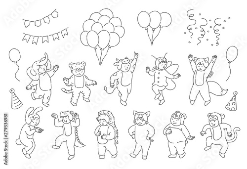 Cute kids in festive animal suits with hot air balloons, party cone hats and flags.