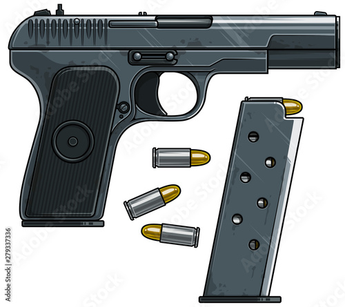 Graphic cartoon colorful detailed metallic handgun pistol with ammo clip and bullets. Isolated on white background. Vector icon. Vol. 3