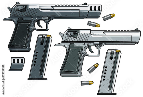 Graphic cartoon colorful detailed metallic handgun pistol with ammo clip and bullets. Isolated on white background. Vector icon. Vol. 4