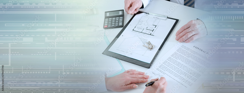 Obraz premium Client signing a real estate contract (Lorem Ipsum Text); panoramic banner