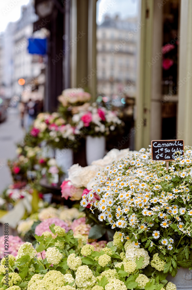 Flower shop on the street of Paris. Beautiful European streets. Travel and tourism.