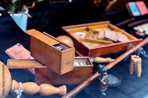 Antique shop in paris. Different antique items. The decor and interior in the old style.
