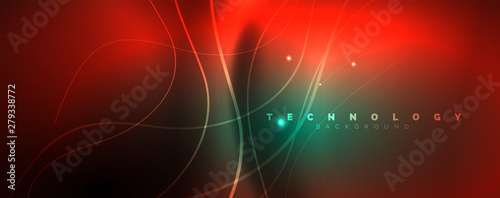 Shiny neon lines template - northern lights glowing blur lines. Futuristic style glow neon 80s disco club or night party techno template