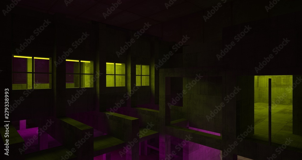 Abstract architectural concrete and black interior of a minimalist house with color gradient neon lighting. 3D illustration and rendering. Abstract architectural concrete and black interior of a minimalist house with color gradient neon lighting. 3D illustration and rendering.