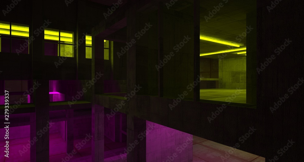Abstract architectural concrete and black interior of a minimalist house with color gradient neon lighting. 3D illustration and rendering. Abstract architectural concrete and black interior of a minimalist house with color gradient neon lighting. 3D illustration and rendering.