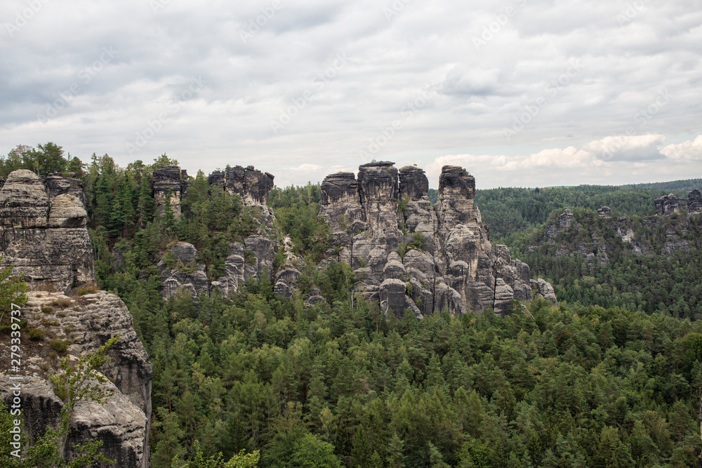 Rock formations at the Bastei in the Saxon Switzerland region in Germany
