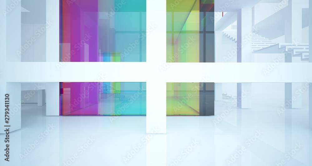 Obraz premium Abstract white minimalistic architectural interior with gradient color glass in window. 3D illustration and rendering.