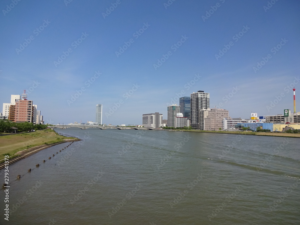 Landscape with downtown and shinano river in Niigata City, Japan