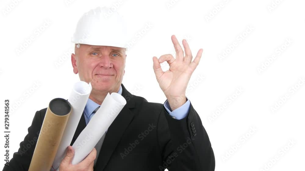 Engineer Portrait with Projects in Hand Smile and Make Ok Hand Gestures Engineer Portrait with Projects in Hand Smile and Make Ok Hand Gestures