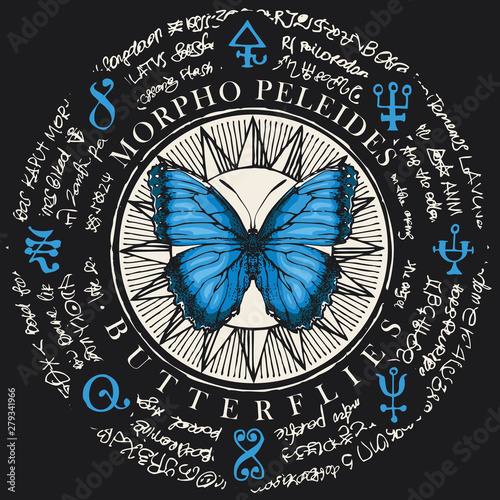 Illustration of a Morpho peleides butterfly with blue wings on an old abstract background with magical inscriptions and symbols. Vector banner in retro style on the black background