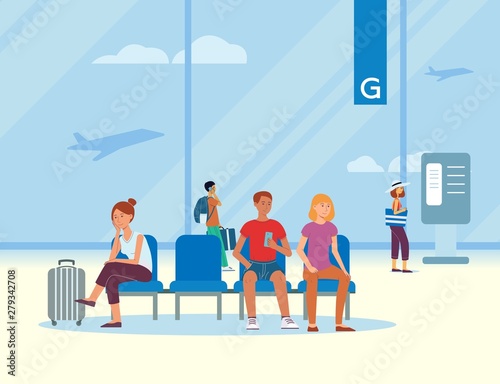 Waiting room at the airport with traveling passengers and tourists with luggage.