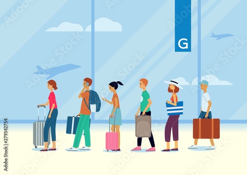 A queue of people, traveling passengers and tourists at the airport.