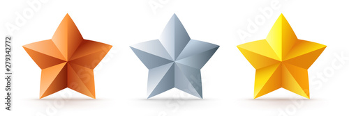 Set of 3d stars isolated on white background. Bronze, silver and gold trophy star icon. Product rating review elements for apps and websites. Vector illustration