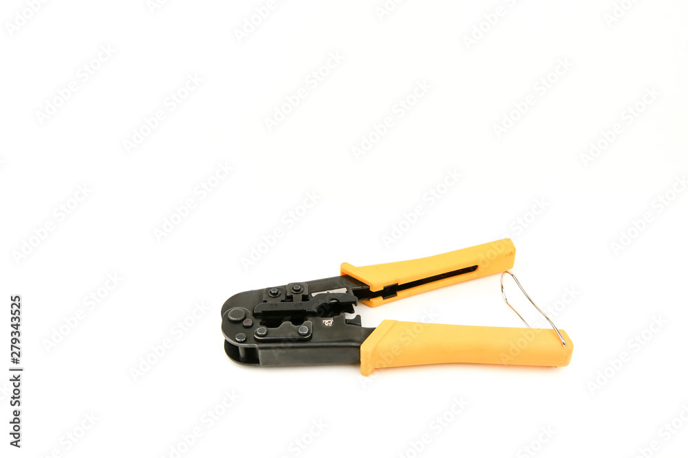 Twisted pair tool on white background with copy space. Twisted pair crimping tool. Twisted pair tool on white background with copy space. Twisted pair crimping tool.