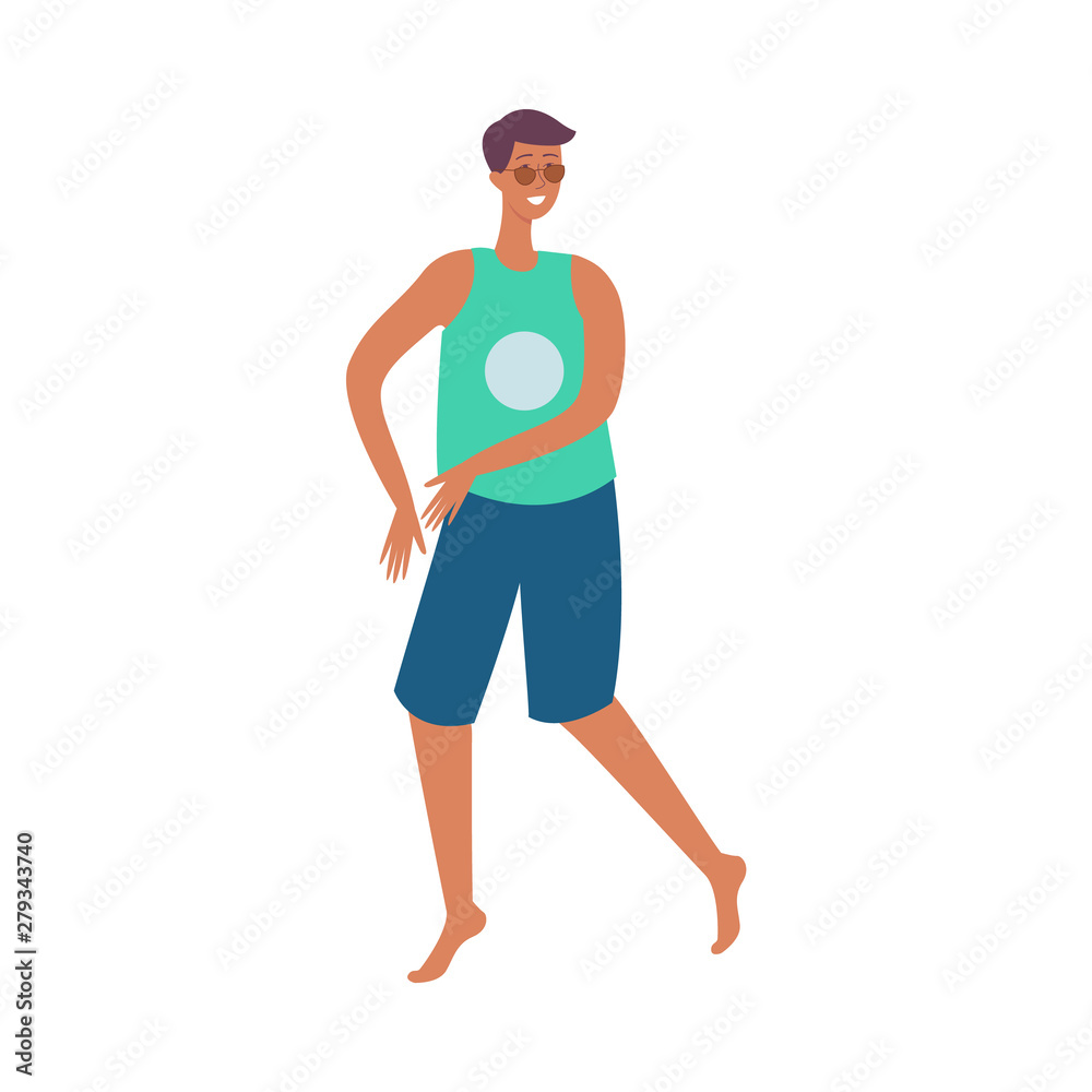 Young tanned brunet man in tshirt, shorts and sunglasses is smiling and dancing at a beach party. Young tanned brunet man in tshirt, shorts and sunglasses is smiling and dancing at a beach party.