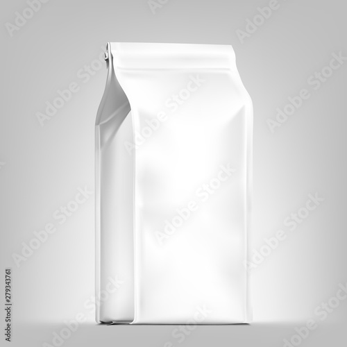 Quad seal bag package mockup. Vector illustration on grey background. Can be use for coffee, tea, salt, snack, flour and etc. Packaging mockup ready for your design. EPS10.	