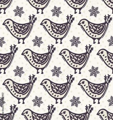 Seamless pattern. Hand drawn Christmas robin bird background. Frosty snowflakes all over print. Winter holidays gift wrap paper. Festive winter illustration. Traditional yule home decor. Vector swatch