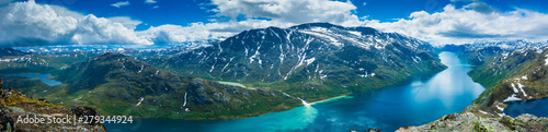 Panoramic view from the Besseggen ridge while hiking along the beautiful Gjende Lake in Jotunheimen National Park, Norway