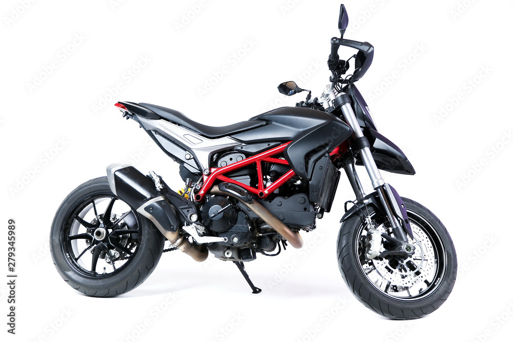 black motobike on a white background side view. black motorcycle with a red frame isolated on white background. urban high sport motorbike black motobike on a white background side view. black motorcycle with a red frame isolated on white background. urban high sport motorbike