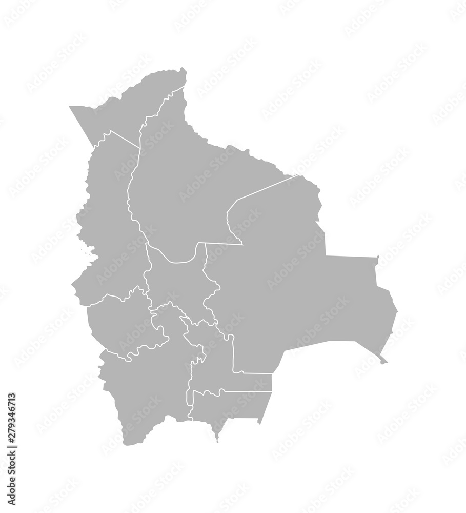 Vector isolated illustration of simplified administrative map of Bolivia. Borders of the departments (regions). Grey silhouettes. White outline